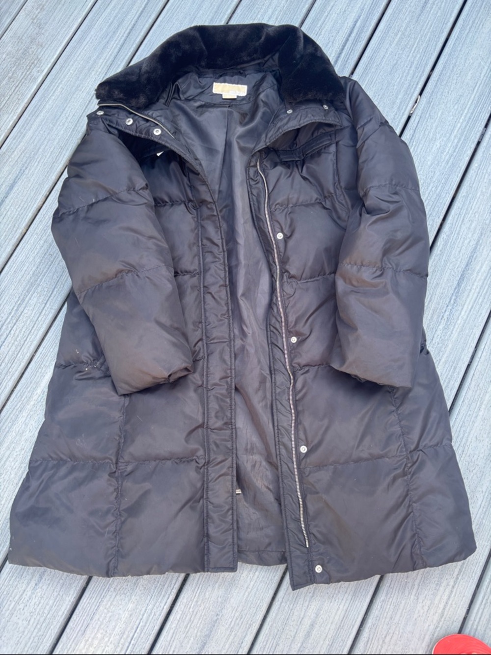 Michael Kors Long Black Quilted Puffer Coat with Faux Fur Collar